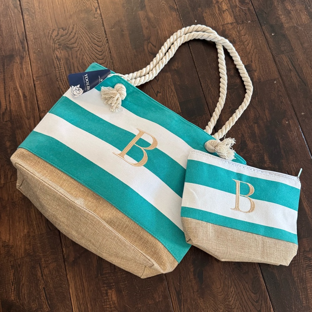 NWT Striped Teal and Beige Tote & Cosmetic Bag Set Monogram B